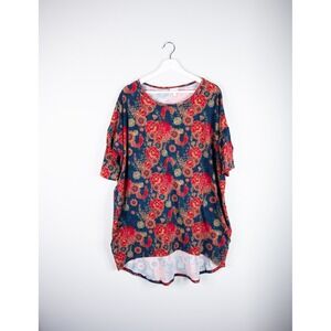 LuLaRoe Irma short sleeved T-shirt Women's XL Red Blue Flower Bird Pattern comfy